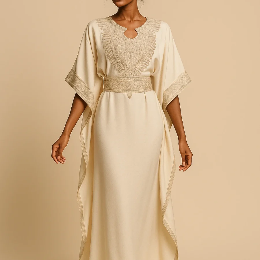 Caftan marocain blanc monochrome, broderie blanche subtile, coupe ample avec ceinture intérieure - Le Caftanier