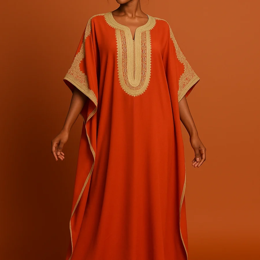 Caftan marocain orange éclatant avec broderie dorée sur l’encolure et les manches - Le Caftanier