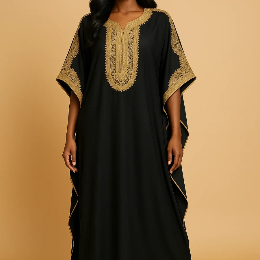 Caftan marocain noir orné d’une broderie artisanale dorée, coupe papillon sophistiquée - Le Caftanier