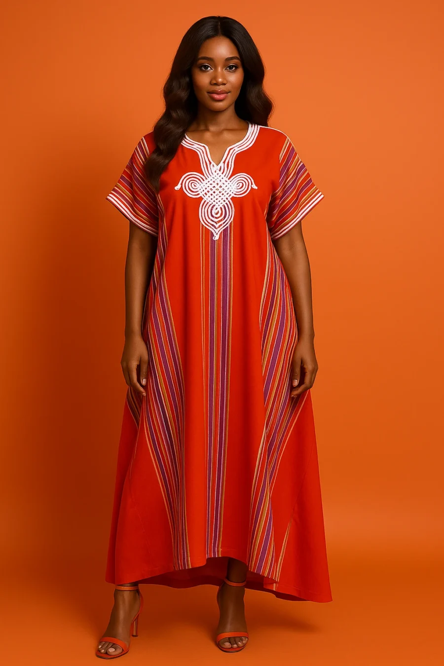Caftan d’été orange en tissu léger avec broderie florale marocaine – Le Caftanier