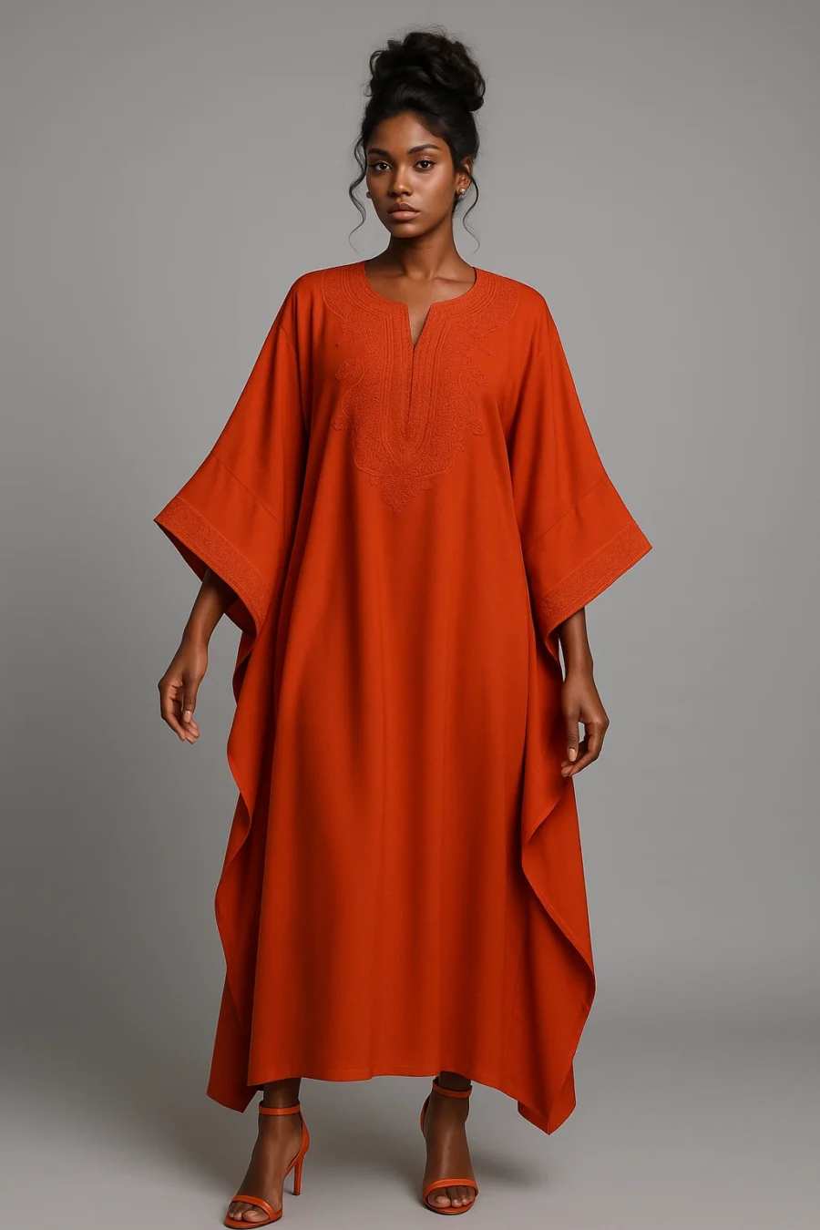 Caftan orange éclatant brodé – robe fluide à manches papillon - Le Caftanier