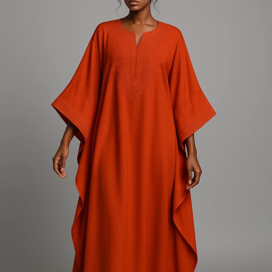 Caftan orange éclatant brodé – robe fluide à manches papillon - Le Caftanier